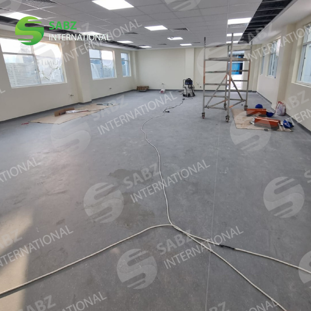 Brightly colored vinyl flooring installed in a children's classroom, enhancing the learning atmosphere