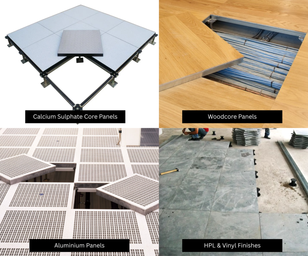 A visual representation of various raised flooring materials and finishes: calcium sulphate core panels for moisture resistance, woodcore panels for a classic look, aluminium panels for lightweight strength, and HPL & vinyl finishes offering aesthetic appeal and easy maintenance.