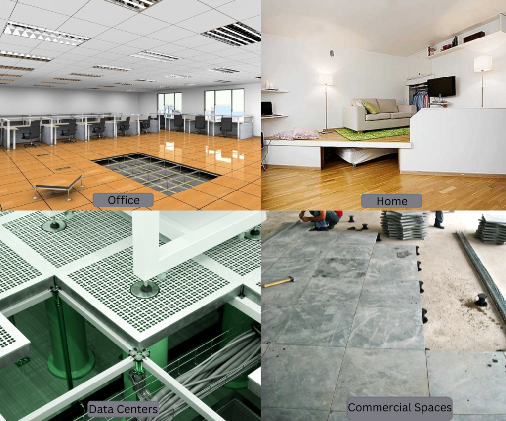 A collage showcasing raised flooring solutions in various settings: commercial office, data center, retail space, and residential interior, each highlighting the benefits of raised flooring for organization, cooling, aesthetics, and functionality.