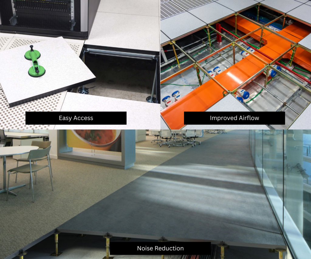 An image showcasing the enhanced functionality of raised flooring systems: easy access with removable panels, improved airflow for better cooling, and noise reduction through acoustic properties for minimized sound transmission.