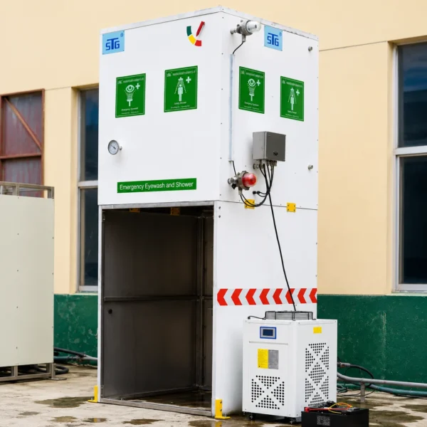 Solar powered GRP emergency safety shower and eyewash station for industrial workplace safety