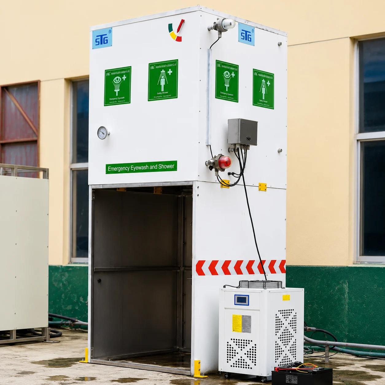 Solar powered GRP emergency safety shower and eyewash station for industrial workplace safety