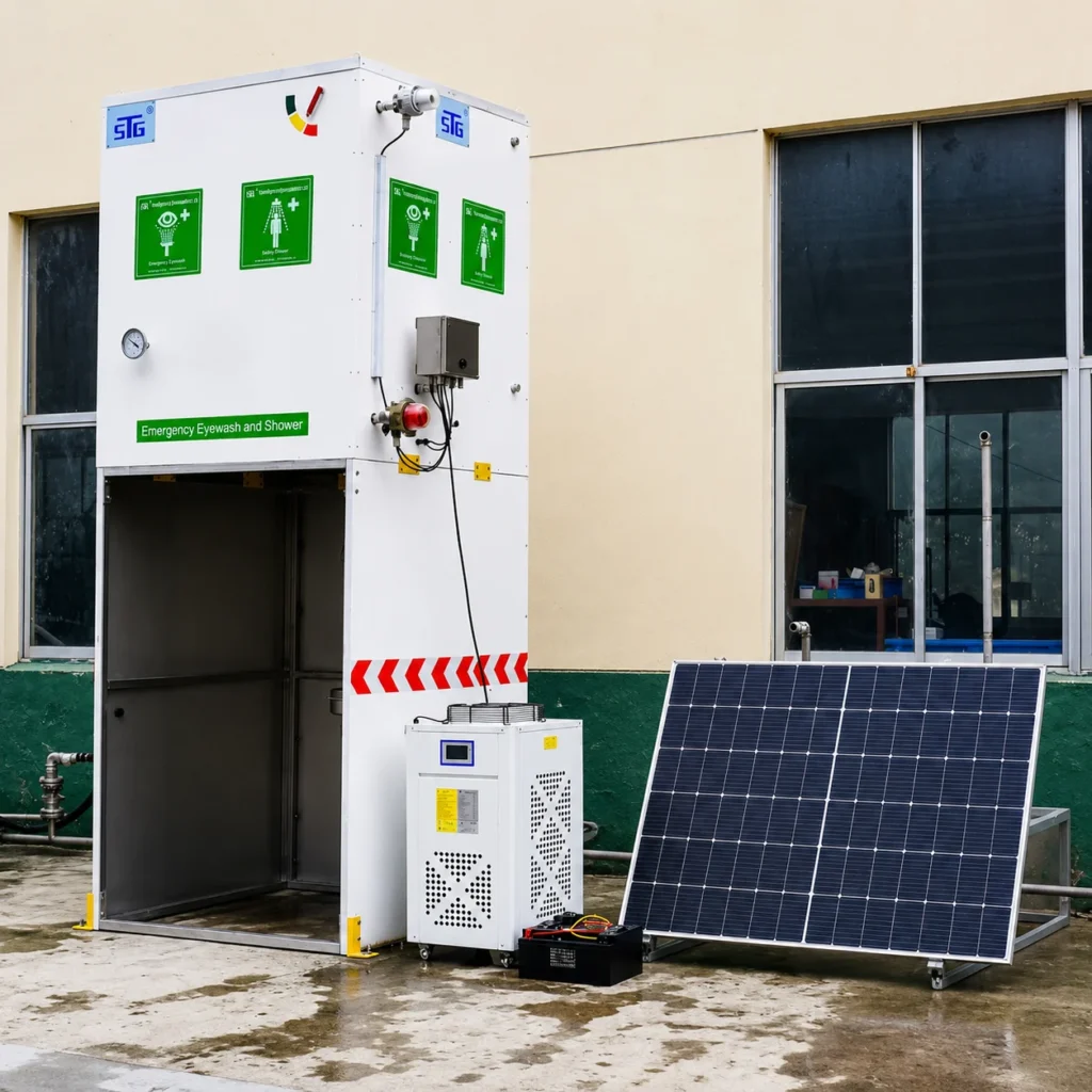 Industrial emergency safety shower with GRP water storage tank, solar power system and water chiller