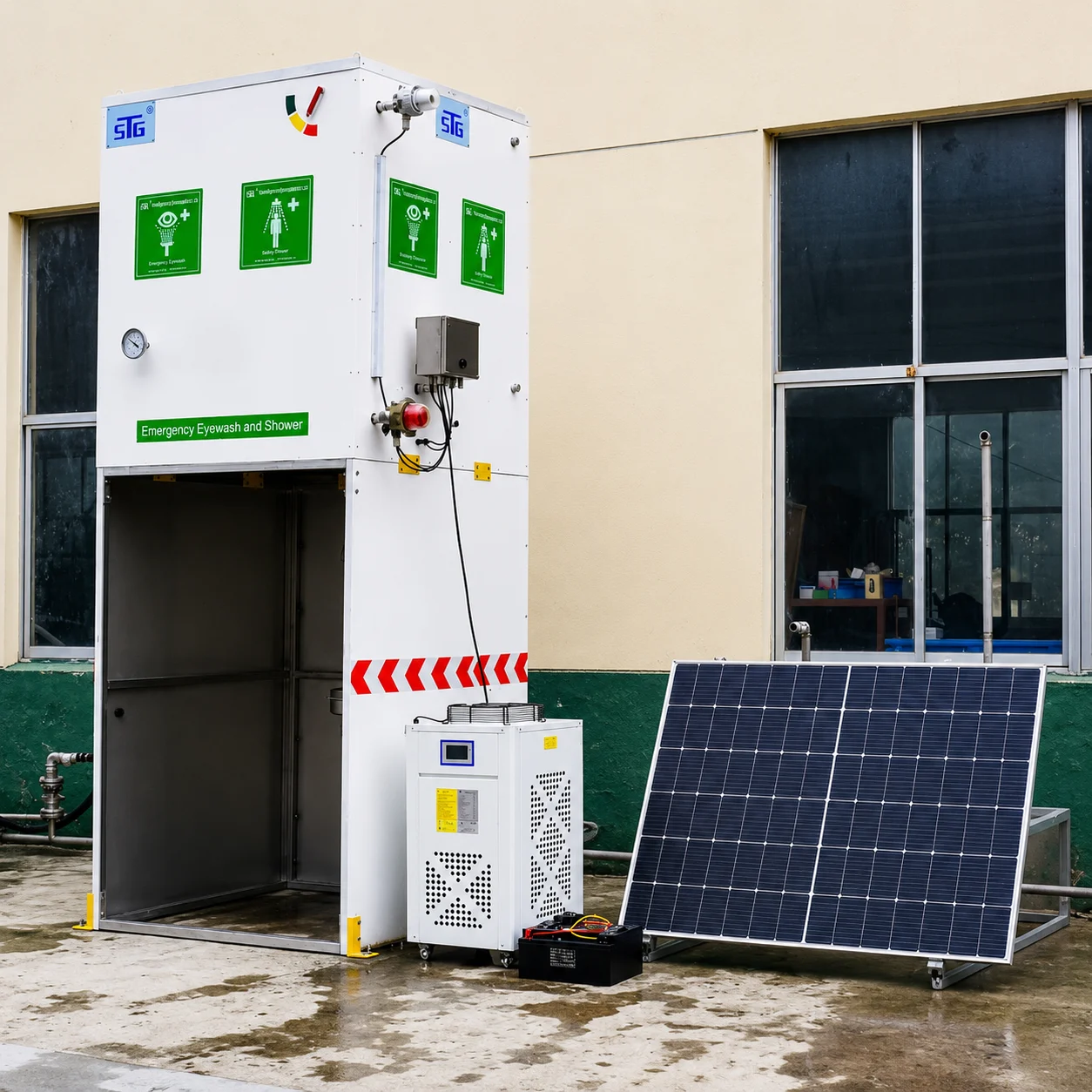 Industrial emergency safety shower with GRP water storage tank, solar power system and water chiller