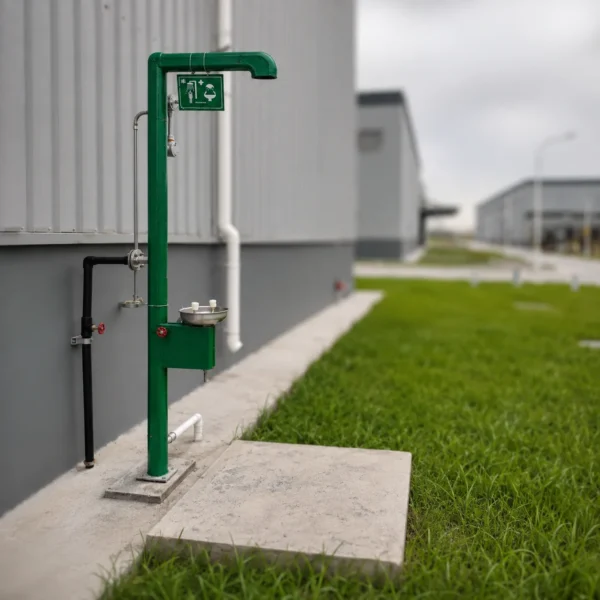 Green industrial emergency safety shower and eyewash station installed outside a factory building with blurred background.
