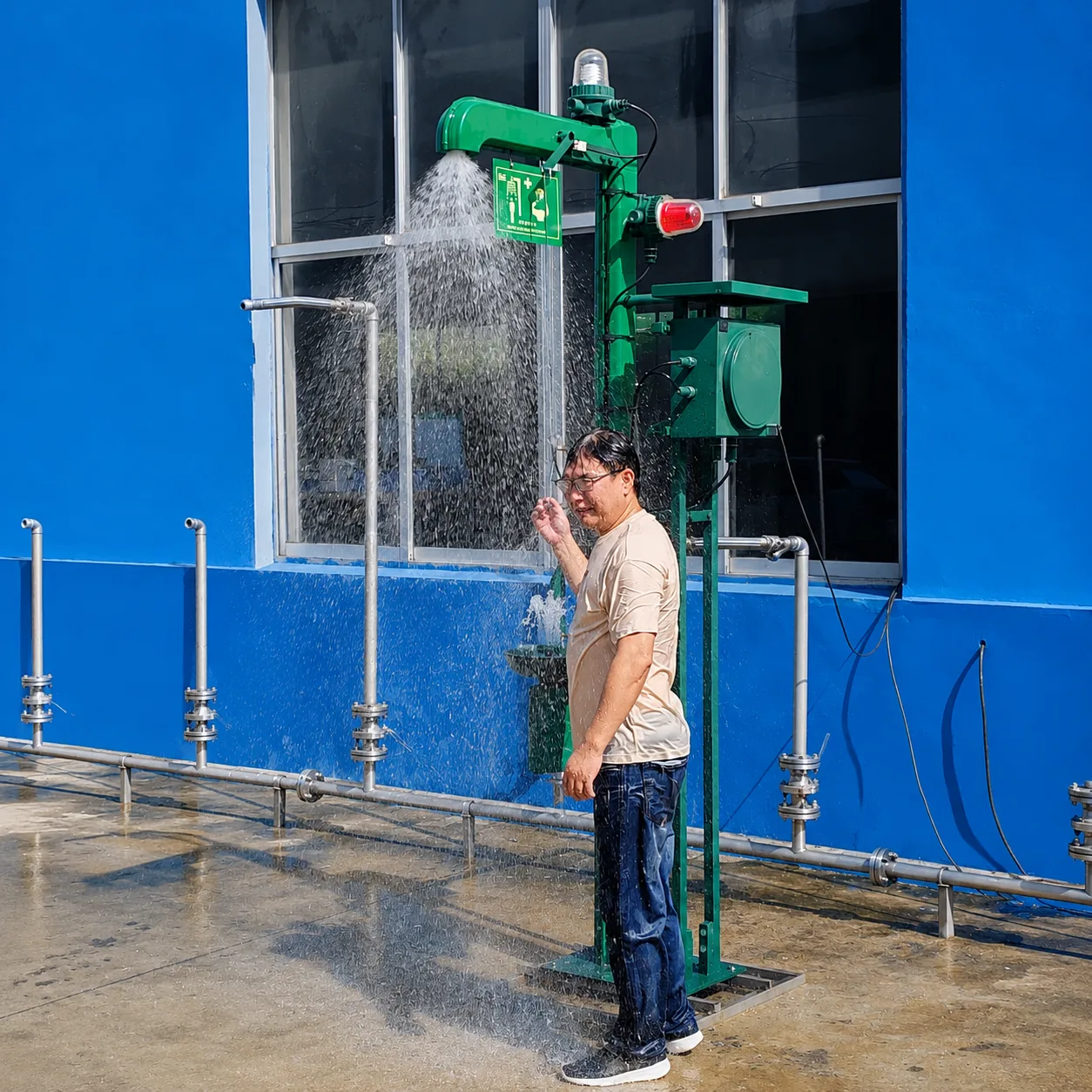 Worker testing an insulated emergency safety shower and eyewash station with high-flow water spray at an industrial facility.