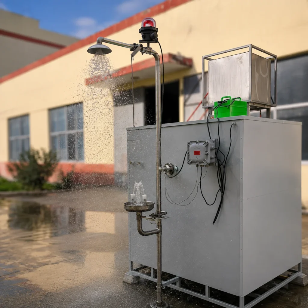 Industrial emergency safety shower and eyewash station operating outdoors beside a gray equipment enclosure, with water spraying from the safety shower.