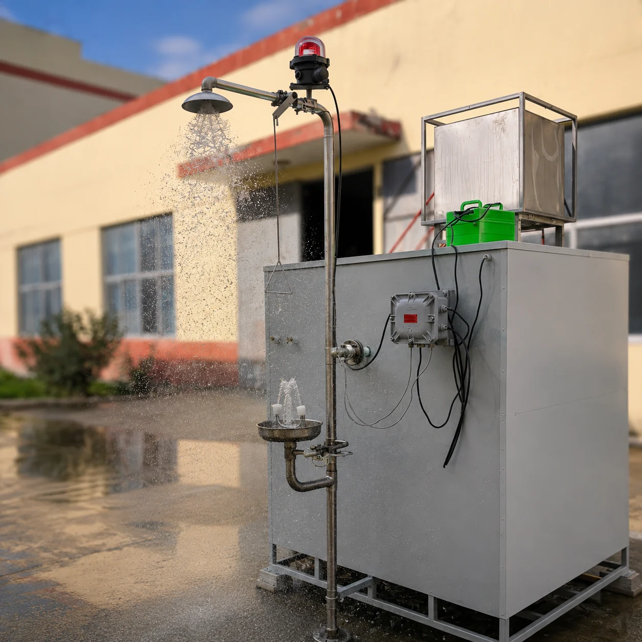 Industrial emergency safety shower and eyewash station operating outdoors beside a gray equipment enclosure, with water spraying from the safety shower.