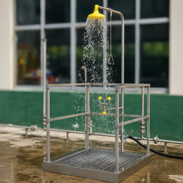 Industrial emergency safety shower and eyewash station with stainless steel frame and grated platform, designed for workplace chemical safety and emergency decontamination.