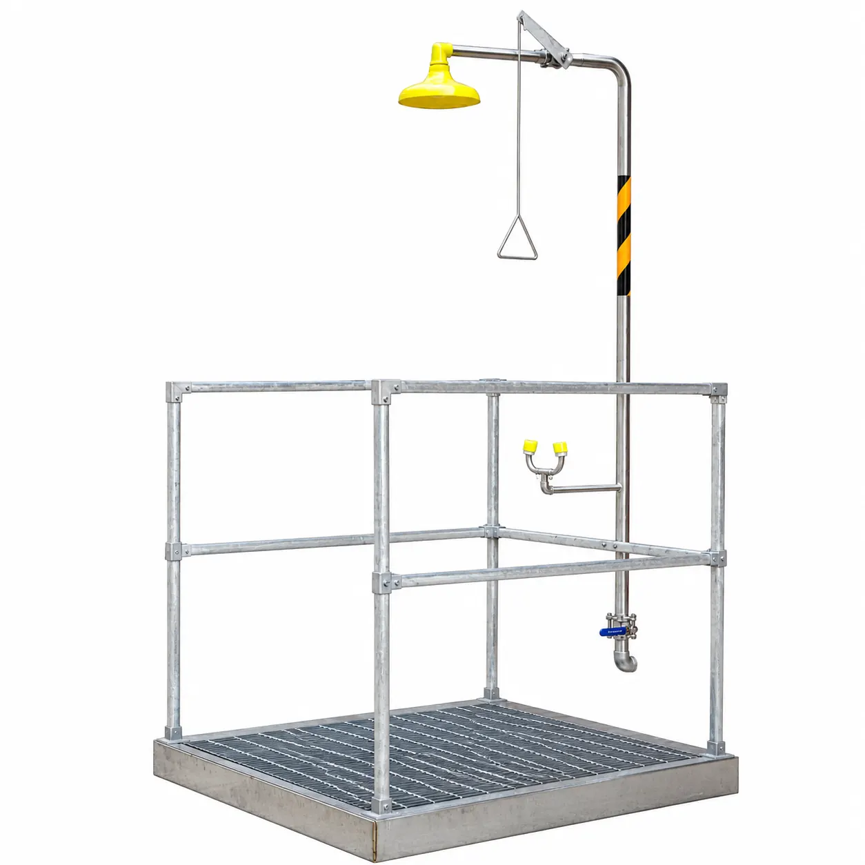 Industrial emergency safety shower and eyewash station with stainless steel frame and grated platform, designed for workplace chemical safety and emergency decontamination.