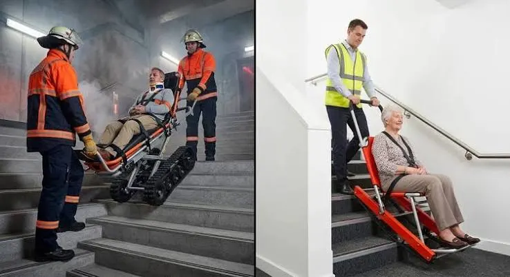 EV 5000 green and yellow safety evacuation chair shown deployed and folded, featuring self-braking stair tracks, anti-slip handles, foldable aluminium frame and safety harness — certified evacuation chair supplier in Dubai UAE by Sabz International