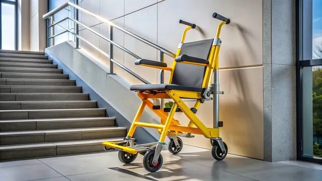 Yellow evacuation chair positioned beside a modern staircase in a commercial building in Dubai UAE, showing correct stairwell placement for emergency evacuation — supplied by Sabz International