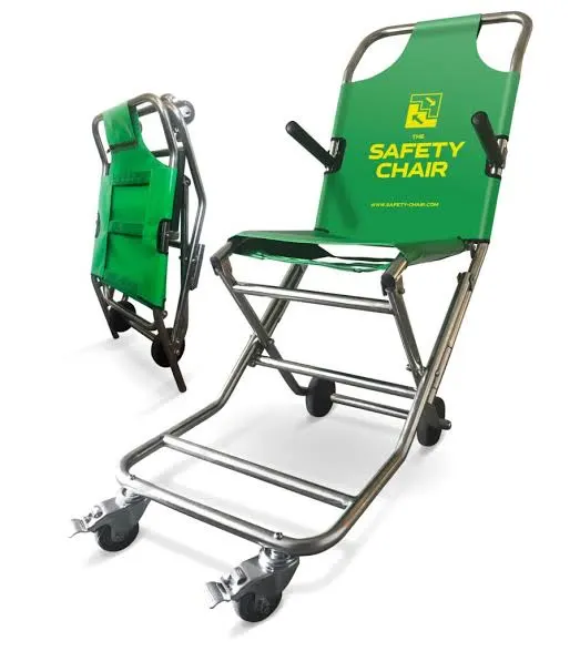 The Safety Chair compact evacuation chair shown folded and deployed, featuring stainless steel aluminium frame, green fabric seat and backrest, four-wheel castor system and foldable design for stairwell wall storage — evacuation chair supplier Dubai UAE Sabz International