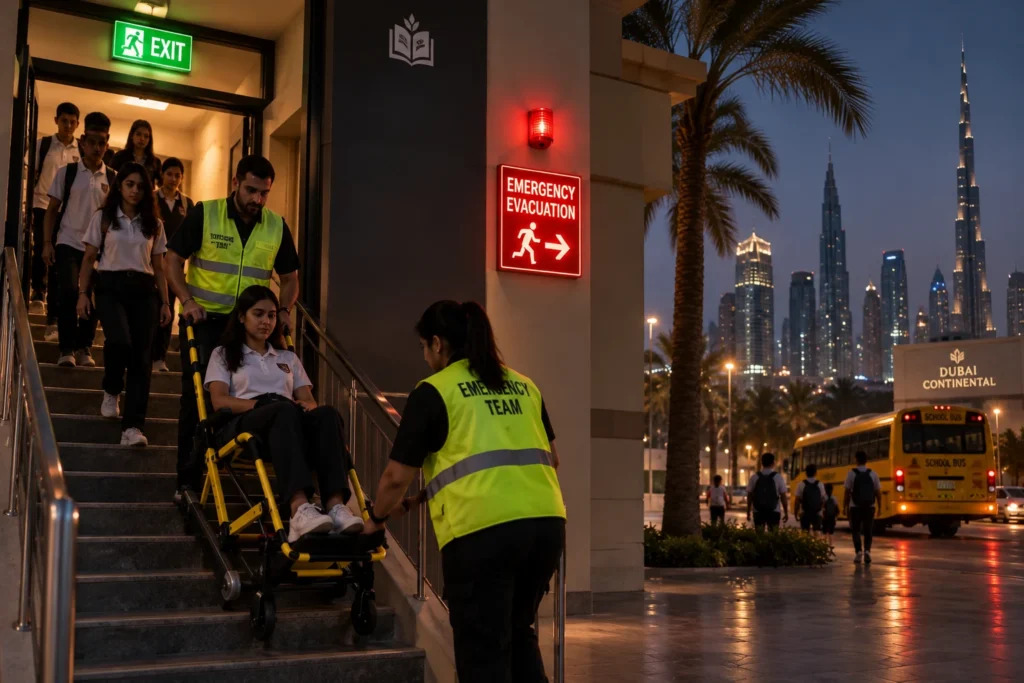 School Emergency Evacuation at Dusk