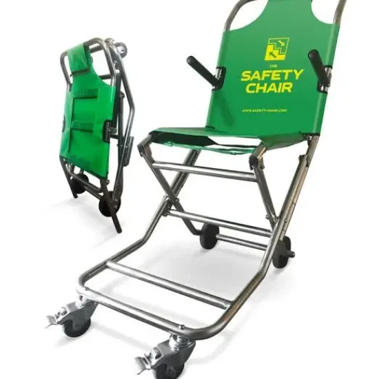 The Safety Chair compact evacuation chair shown folded and deployed, featuring stainless steel aluminium frame, green fabric seat and backrest, four-wheel castor system and foldable design for stairwell wall storage — evacuation chair supplier Dubai UAE Sabz International